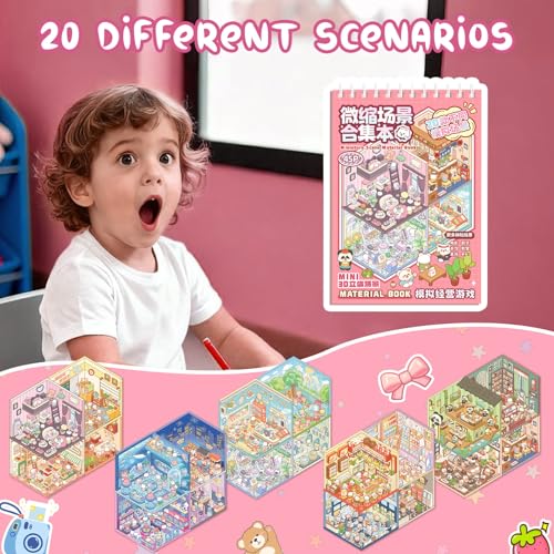 3D Sticker Scenes Book for Adults, 20 Sets DIY Sticker Scene Book Miniature House Shop Craft, Scene Stickers Creative Therapy Activity for Stress Relief