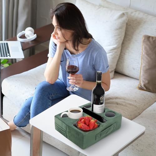 G GOOD GAIN Couch Cup Holder Pillow-Sofa Cup Holder Cozy Buddy | Bed Drink Caddy Holds Tablet, Remote, Snacks | Waterproof Anti-Spill Sofa Beverage Tray for Car, Park, Beach, Picnic, Boat, RV(Green) - color: Green, size: 12.5 x 9.5 inches