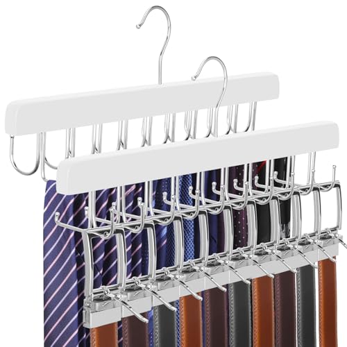 TOPIA HANGER 2 Pack 2 in 1 Belt Tie Hanger for Closet Max 60 Belts with 60 Ties Capacity, 40 Hooks Belt Tie Racks Wooden Hanger for Closet Organizer Storage “U” Fit Belt and “一” Fit Tie - CT52W - color: White-2 Pack