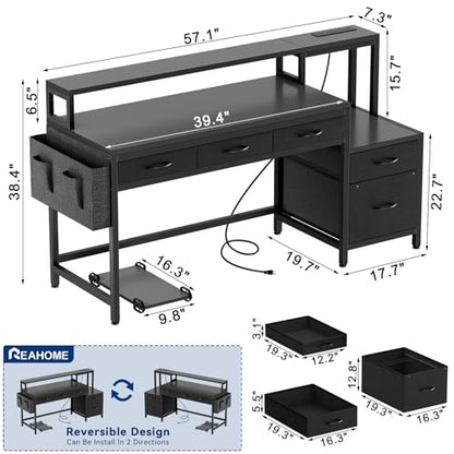 REAHOME 61 Inch Gaming Desk with Charging Station and LED Lights, Reversible Computer Desk with Storage Drawer and Monitor Stand, Modern Desk Table with File Cabinet & Side Pocket, Carbon Fiber Black - color: Carbon Fiber Black