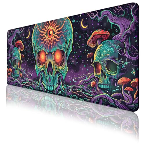 Psychedelic Skull Gaming Mouse Pad Neon Trippy Art Large Desk Mat Extended Large Laptop Keyboard Non-Slip Rubber Base with Stitched Edges for Home Office Computer Keyboard Laptop 31.5"x11.8" - color: Psychedelic Skull