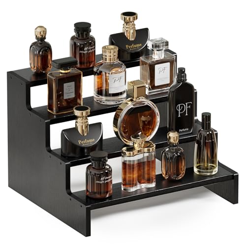 ProCase Wooden Cologne Organizer for Men, 4 Tier Perfume Organizer, Mens Cologne Stand Holder Storage, Display Riser Shelf Rack for Fragrances Candles Cosmetics Cupcake Figure Spice -Black - color: Black, size: 4-Tier (9.45" Height)