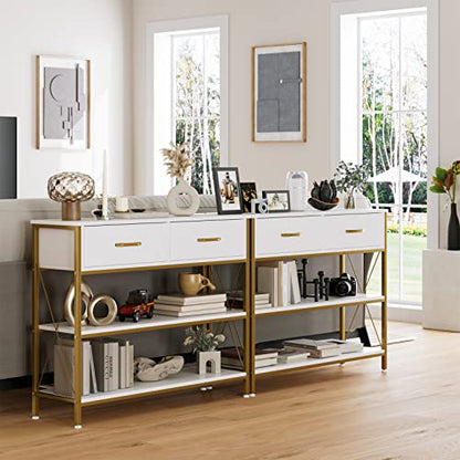 HITHOS Industrial Console Table with 2 Drawers, Narrow Long Entryway Table with 3-Tier Storage Shelves, Industrial Sofa Foyer Table for Living Room, Hallway, Entry Way, Foyer, Kitchen, White/Gold - size: 39.4"