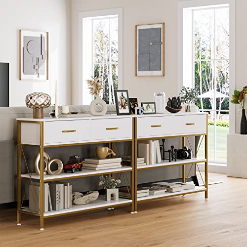 HITHOS Industrial Console Table with 2 Drawers, Narrow Long Entryway Table with 3-Tier Storage Shelves, Industrial Sofa Foyer Table for Living Room, Hallway, Entry Way, Foyer, Kitchen, White/Gold - size: 39.4"