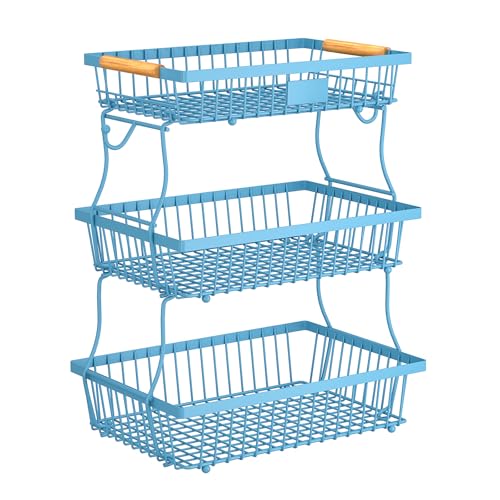 3 Tier Fruit Basket for Kitchen Counter with 2 Banana Hangers, Countertop Metal Fruit Bowl with Wooden Handle, Large Storage Stand for Vegetables, Snacks, Breads, Produce Storage – Blue - color: Blue, size: 3 Tier