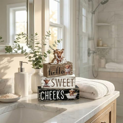 4 Pcs Highland Cow Bathroom Decor Funny Farmhouse Tiered Tray Decor Rustic Highland Cow Table Wooden Signs Home Bathroom Shelf Sitter Restroom Accessories Guest Housewarming Gift Set - style: Highland Cow