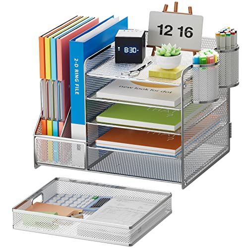 Marbrasse Desk Organizer with File Holder, 5-Tier Paper Letter Tray Organizer with Drawer and 2 Pen Holder, Mesh Desktop Organizer and Storage with Magazine Holder for Office Supplies (Silver) - color: Silver