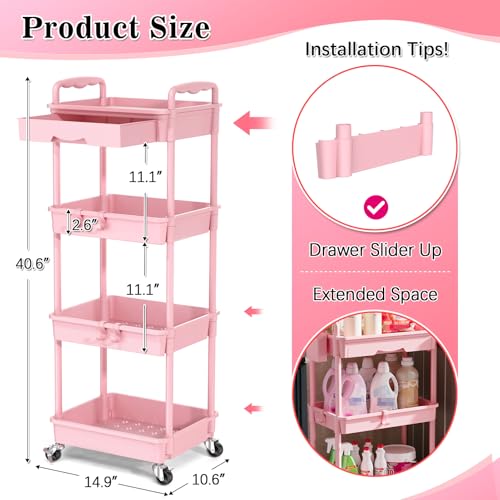 SUNALLY 4 Tier Rolling Utility Cart with Drawer, Storage Organizer Cart with 2 Lockable Wheels, Multifunctional Rolling Storage Cart for Bathroom, Kitchen, Craft, Makeup, Baby Essentials, Pink - color: Pink, size: 4 Tier