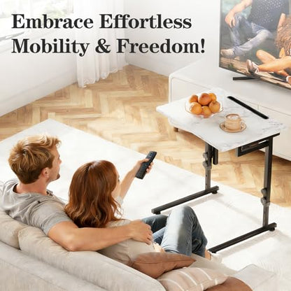 Adjustable Height Tv Tray Table,Portable Folding Tv Dinner Snack Table,Small Foldable C-Shaped End Table for Eating,Slide Under Couch Side with Sturdy MDF Top,No Assembly(White Marble+Black) - color: White Marble+black