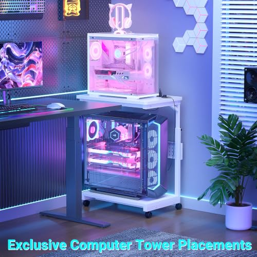 Besiost Computer Tower Stand with Power Strips, 4 Levels Manual Height Adjustable PC Tower Stand for Under Desk, Mobile Rolling CPU Holder, Computer Cart with Wheels, 24", Carbon Fiber White - color: Carbon Fiber White, size: 24"
