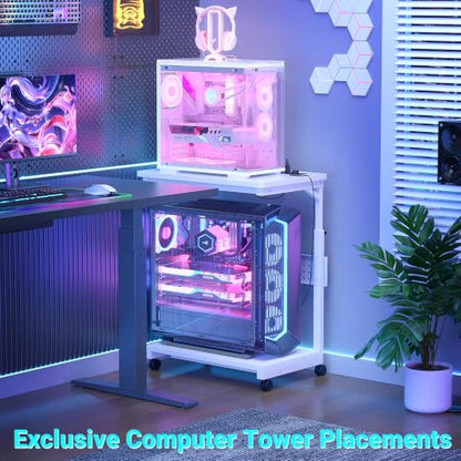 Besiost Computer Tower Stand with Power Strips, 4 Levels Manual Height Adjustable PC Tower Stand for Under Desk, Mobile Rolling CPU Holder, Computer Cart with Wheels, 24", Carbon Fiber White - color: Carbon Fiber White, size: 24"