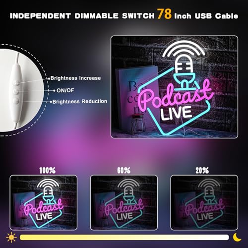 Podcast Live Neon Light Sign Rose White Letter LED Sign Studio Live Neon Light for Wall Decor Podcasters Recording Studios for Beer Bar Streaming Studio Gamer Room Bedroom Man Cave - style: podcast live