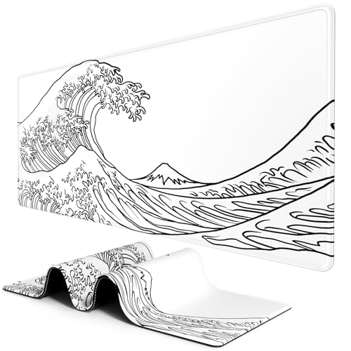 BOSOBO Large Mouse Pad, Desk Pad, XXL XL Extended Gaming Mouse Pad, Desk Mat for Office & Home, Long Keyboard Huge Mat,Desktop Full Cover 31.5 x 11.8 Inches, Art Kanagawa Surfing White - color: Art Kanagawa Surfing, size: XL - 31.5 x 11.8 Inches