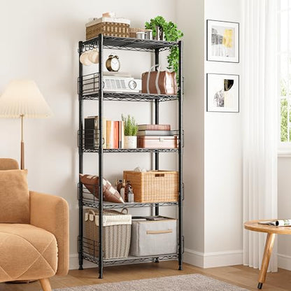 REIBII 5 Tier Wire Shelves with Side Blockers Pantry Shelves Organizers with Hooks & Shelf Linker Adjustable Metal Shelving for Storage, Kitchen,Pantry,Bathroom,Laundry Room,59.1"H x 21.7"W x 13.8"D
