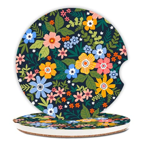 Yellow Flowers Car Coasters for Drinks Absorbent,2 Pack Cup Holders,2.56" Ceramic Stone & Non-Scratch Cork Base Coasters,Auto Accessories for Women & Men. - color: Yellow Flowers