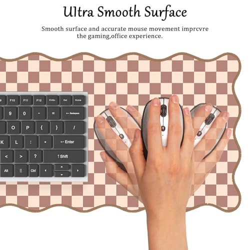 Scalloped Desk Mat Extended Large Cute Mouse Pad Big Desk Pad XXL Aesthetic Kawaii Plaid Mousepad Checkered Mouse Pad for Keyboard Computer Laptop Home Office Accessories Girl 31.5X15.7Inch Brown - color: Brown, size: 31.5" x 15.7"