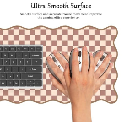 Scalloped Desk Mat Extended Large Cute Mouse Pad Big Desk Pad XXL Aesthetic Plaid Mousepad Checkered Gaming Mouse Pad for Computer Keyboard and Mouse Laptop Home Office 35.4X15.7Inches Brown Khaki - color: Brown, size: 35.4" x 15.7"