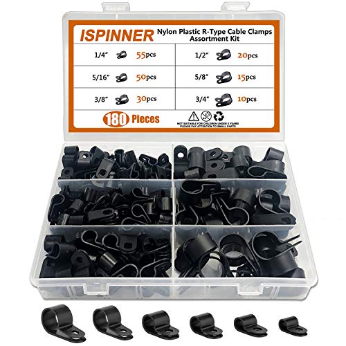 ISPINNER 180pcs Nylon Plastic R-Type Cable Clamps, 1/4" 5/16" 3/8" 1/2" 5/8" 3/4" Clips Fasteners Assortment Kit for Cable Conduit (Black) - color: Black