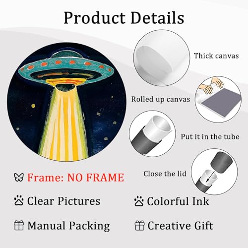 Retro Ufo Canvas Wall Art Desert Cactus Picture Ufo Poster Funny Black Cat Prints Dark Moody Landscape Painting Cat Abstract Animal Poster Alien Abduction Art Desert Landscape Artwork 16x24in No Frame - color: A2Unframed