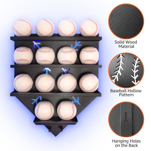 Baseball Display Shelf with LED Light, Home Plate Shaped Wood Holder, Championship Ring Wall Organizer for PSA SGC Collectibles, Ball Hanging Frame Gift for Boys Son