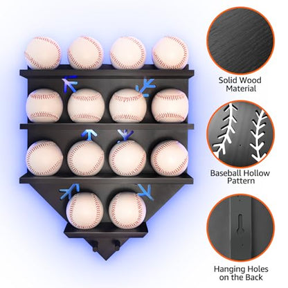 Baseball Display Shelf with LED Light, Home Plate Shaped Wood Holder, Championship Ring Wall Organizer for PSA SGC Collectibles, Ball Hanging Frame Gift for Boys Son