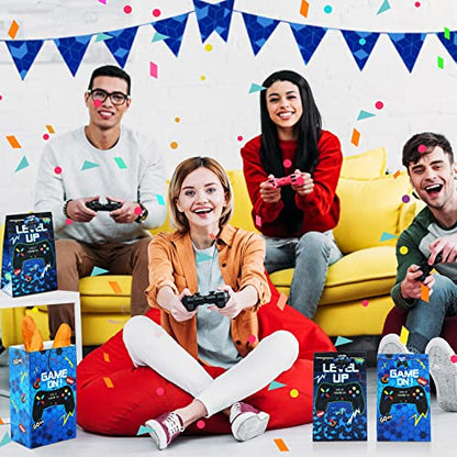 Geosar 30 Pack Video Game Party Favor Paper Bags Game on Goodie Candy Gift Bags with 30 Stickers Level up Reusable Goodie Treat Snacks Supplies for Boys Kids Gaming Birthday Party(Blue) - color: Blue