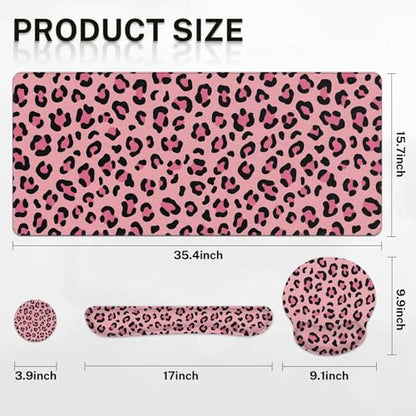 Arttown Leopard Desk Mat Pink and Black Leopard Mouse Pad Set 4 in 1 Ergonomic Design Large Mouse Pad + Keyboard Wrist Rest + Mouse Wrist Rest + Coaster Suitable for Home Office Study Game - color: Pink Black Leopard