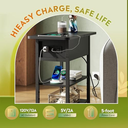 WLIVE End Table with Charging Station, Flip Top Narrow Side Table with Storage Shelf, Small Nightstand with USB Ports and Outlets,Bedside Table for Living Room, Bedroom,11.81" D x 23.62" W x 24.33" H - color: Black