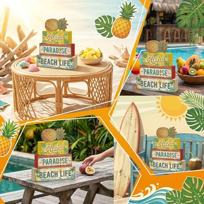 4 Pcs Tropical Pineapple Party Decorations Summer Hawaiian Luau Table Wooden Signs Summer Beach Tiered Tray Decor Fruit Home Bar Shelf Sitter Aloha Paradise Tiki Table Top Gifts - style: Tropical Pineapple