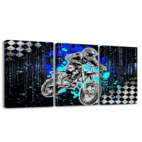Feelyou Boys Dirt Bike Wall Decor for Living Room Bedroom Wall Art Motorcycle Wall Painting Wall Artworks Hang Pictures for Office Decoration Motocross Bathroom Home Decor Posters 12x16 inch 3 Piece - color: Black and Blue