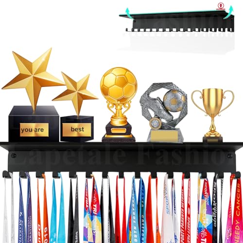 Non-Slip Trophy Shelf,Trophy and Medal Display Shelf, Medal Hanger Display For Wall with 16inchL,Shelves For Trophies medal display Upgraded Medal Holder display For gymanstics,race,soccer,swim - color: Black, size: Non Slip-16 Inches Long 15 hooks