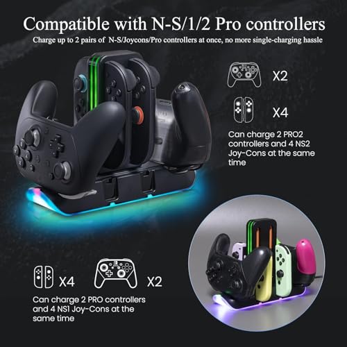 Switch 2 Charging Station for 4 Joy-Con & 2 Pro Controllers, 6-in-1 Fast Charging Dock with RGB LED Indicator, Compatible with Nintendo Switch 2/1/OLED