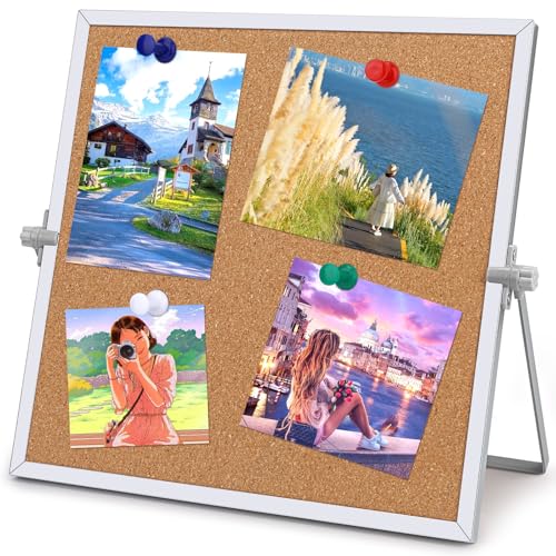 11.81"×11.81" Cork Board Bulletin Board, Double Sided Pin Board with Silver Aluminum Border, Desktop Small Cork Board with Stand Suitable for Home, Office, Desk Message Board or Picture Board - size: 11.81"×11.81"