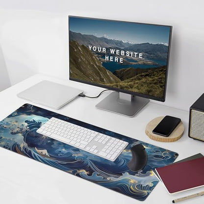 XXL Japanese Wave Gaming Mouse Pad, Extended Keyboard Mat, Blue Ocean Design with Golden Accent, Smooth Surface, Large Desk Mat for PC - color: Japanese wave