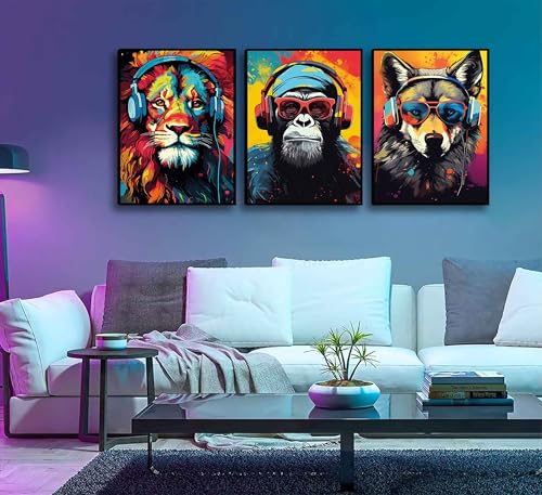 3pcs Gaming Wall Art Animal Graffiti Posters Pictures With Headphones Sunglasses Gorilla Tiger Wolf Cool Gamer Canvas Prints Colorful Graffiti Paintings for Teens Game Boys Room Wall Decor Unframed - color: Gaming Animal Posters, size: 16"Lx12"W