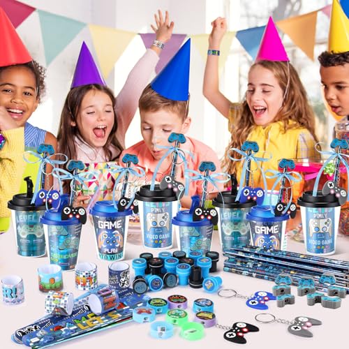 Watersay 110 Pcs Video Game Party Favors Set Includes Drink Cup with Lid Game Card Pencil Sharpener Eraser Stickers Slap Bracelet Keychain Stamp Sticker Ribbon for Gamer Birthday Level Party