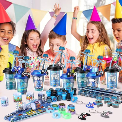 Watersay 110 Pcs Video Game Party Favors Set Includes Drink Cup with Lid Game Card Pencil Sharpener Eraser Stickers Slap Bracelet Keychain Stamp Sticker Ribbon for Gamer Birthday Level Party