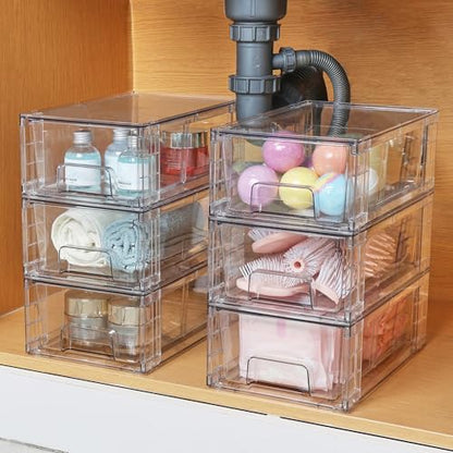 Vtopmart 2 Pack Stackable Storage Drawers,Clear Acrylic Drawer Organizers with Handles, Easily Assemble Containers for Fridge, Bathroom,Kitchen Undersink,Cabinet,Pantry Organization and Storage - size: 2Pack 4.4"H-with Dividers