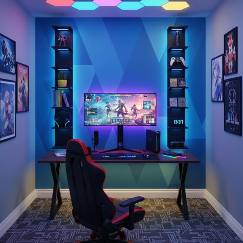 7 Tier Wall Shelves with RGB, Lack Wall Shelf Unit, Vertical Shelf with Remonte Control,Black Shelves - color: Rgb-black