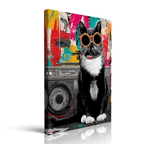 Canvas Wall Art Framed Funny Black Cat Graffiti Retro 80s Hip Hop Vibrant Colorful Cool Whimsical Textured Animal Vintage Wall Decor for Teen Boy Bedroom Dorm Trendy Groovy Music Decor 12x16 Inches - color: kitten, size: 16"L x 12"W
