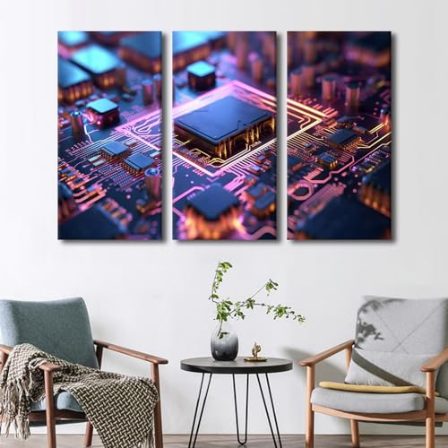 3 Pieces Chip Wall Art Microchip Processor Pictures Wall Art for Living Room CPU and Microprocessors Poster Modern Home Decor Print on Canvas Stretched and Framed Ready to Hang (60"Wx40"H - color: Artwork-02, size: 60"Wx40"H