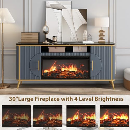 Fluted Fireplace TV Stand Up to 80" TVs, Modern Entertainment Center with 30" Electric Fireplace, Luxury Media Console with Adjustable Shelves for Living Room, Navy Blue - color: Navy Blue