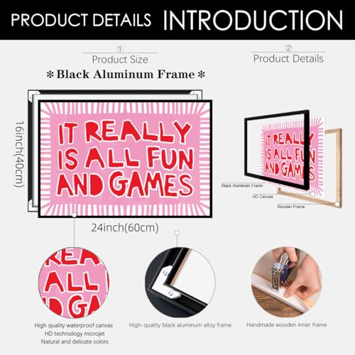 Pink Fun Ironic Quote Wall Art It Really Is All Fun and Games Poster 16x24 inch Black Framed Coquette Fashion Preppy Aesthetic Canvas Prints for Playroom Apartment Wall Decor - color: pink-2, size: 24"L x 16"W, style: Framed