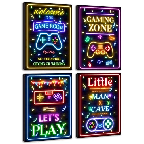Video Game Decor for Teen Boys Gaming Wall Neon Sign Gamer Room Welcome Little Man Cave Teenage Bedroom Posters Decor Ready to Hang Set of 4, 8x10in (Framed) - size: 10L" x 8W" x 4 Panels