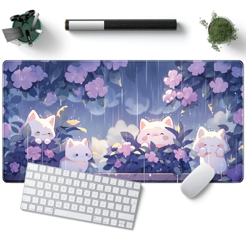Kawaii Cat Desk Mat XXL Extended Purple Gaming Mouse Pad Large Mousepad, Cute Desk Mat Keyboard and Mouse with Stitched Edges Desk Pad for Game Office Home Desk Purple Decor 31.5x15.7 in - color: D-rainforest Purple Kitten