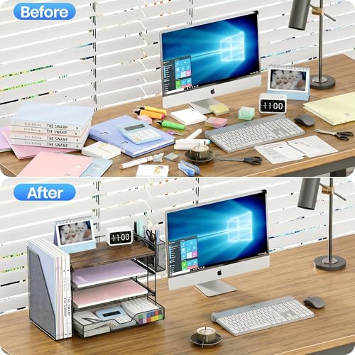 OPNICE Desk Organizer, 4-Tier Desktop File Organizer with Drawer and Pen Holders, Office Desk Accessories, File Sorters, Workspace Organizers for Office Supplies(Wood - Metal Pen Holder) - color: Wood - Metal Pen Holder, size: 4-tier