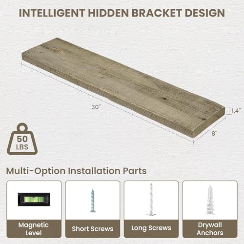 Acovy 30" Unfinished Solid Reclaimed Wood Floating Shelves, Rustic Heavy-Duty Wall Shelves, 8" Deep Floating Shelf for Living Room, Bathroom, Bedroom and Kitchen, Set of 2, Grey - color: Cement Grey, size: 30inches-2p