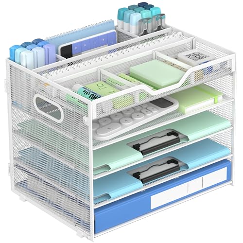 Docnest 5 Tier Mesh Desk Organizer- Letter Tray with Adjustable Compartments, Mesh Desktop Storage Built in Pen Holder and Handles, Desk Organizer Tray for Mail Documents Office Supplies–White - color: White