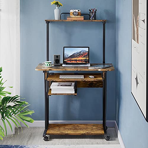 Yaheetech 3 Tiers Rolling Computer Desk with Keyboard Tray and Printer Shelf for Home Office, Mobile Computer Desk for Small Space, Retro Computer Table Compact PC Laptop Workstation, Rustic Brown - color: Rustic Brown