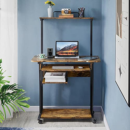 Yaheetech 3 Tiers Rolling Computer Desk with Keyboard Tray and Printer Shelf for Home Office, Mobile Computer Desk for Small Space, Retro Computer Table Compact PC Laptop Workstation, Rustic Brown - color: Rustic Brown